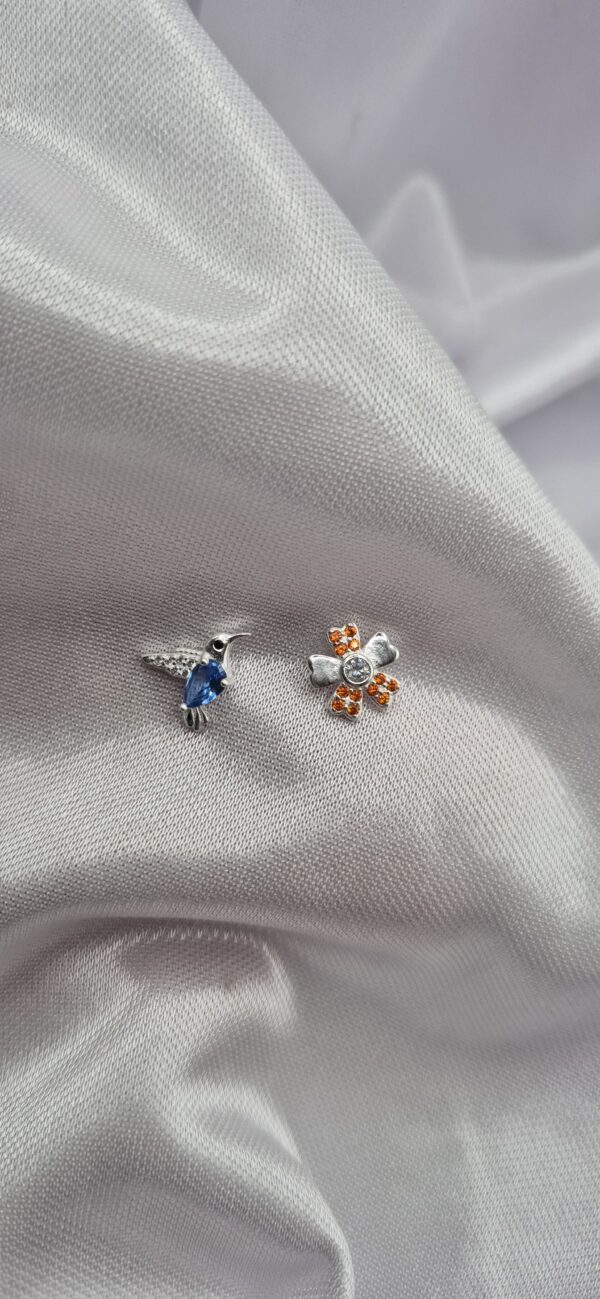 Par de Aros de Plata 925 Diseño Colibrí y Flor