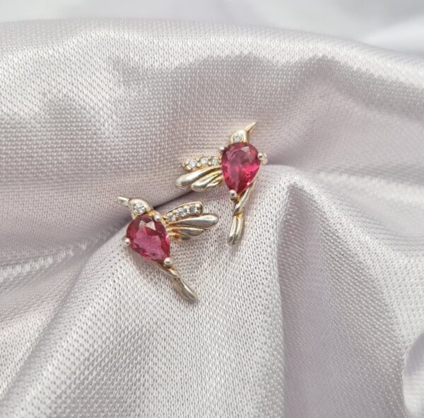 Par de Aros de Plata 925 Diseño Colibrí con Piedra Rosa