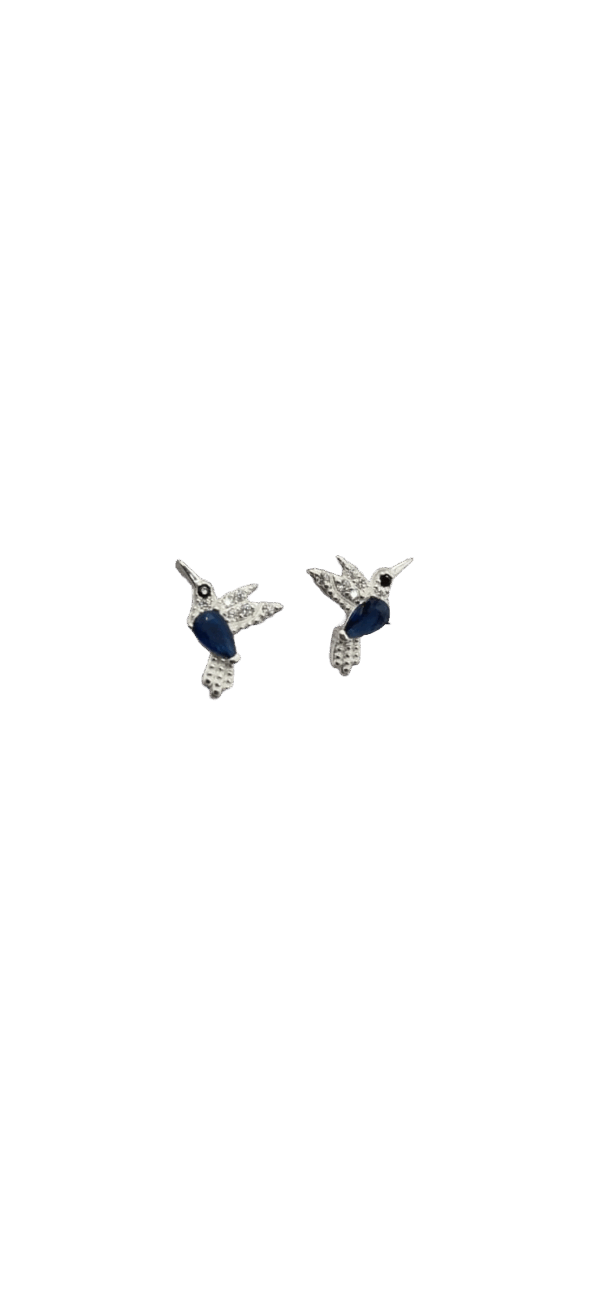 Par de Aros de Plata 925 Diseño Colibrí con Piedra Azul