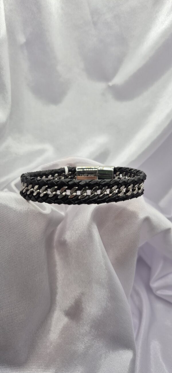 Pulsera Tascani de Cuero Tejido con Eslabones de Acero