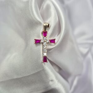 Dije de Plata 925 Diseño Cruz con Piedras Rosas